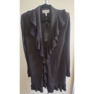 NWT $1390 St. John Knit Dark Chocolate Ruffle Trim Long Cardigan Sweater Size 8
